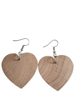 (4)Handcrafted Heart Wood Drop Earrings - Natural Wood Color